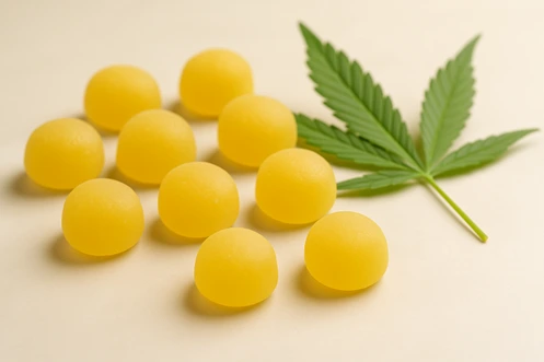 THC Gummibärchen mit Cannabis-Blatt - medizinische Cannabis-Gummibärchen in verschiedenen Dosierungen